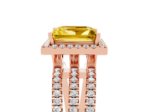 Rose gold {shape_name} Yellow Sapphire Halo Engagement Ring with Split Shank and Four-Prong Setting_5