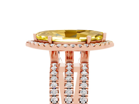 Rose gold {shape_name} Yellow Sapphire Halo Engagement Ring with Split Shank and Four-Prong Setting_5