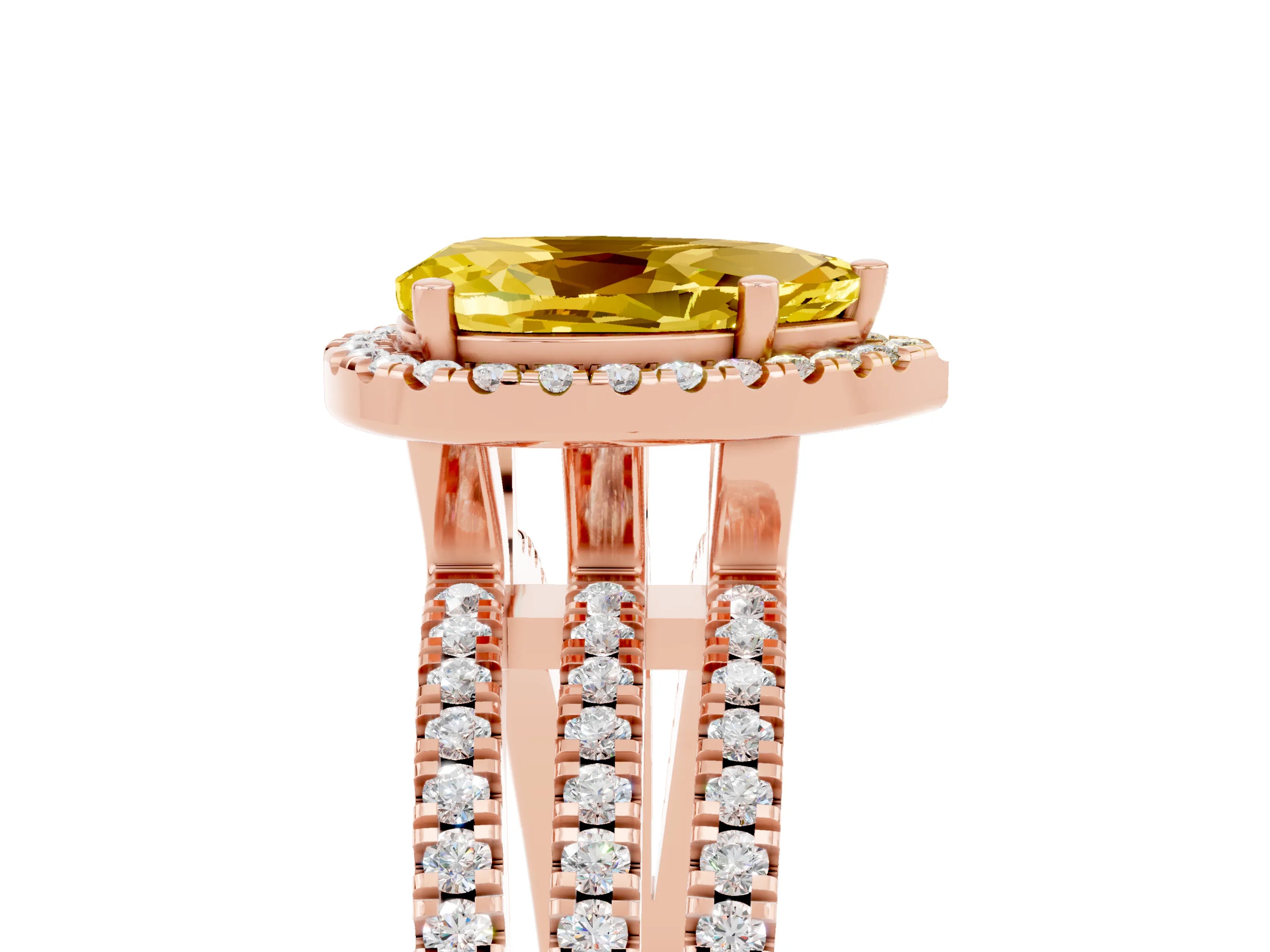 Rose gold {shape_name} Yellow Sapphire Halo Engagement Ring with Split Shank and Four-Prong Setting_5