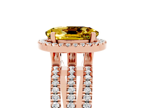 Rose gold {shape_name} Yellow Sapphire Halo Engagement Ring with Split Shank and Four-Prong Setting_5