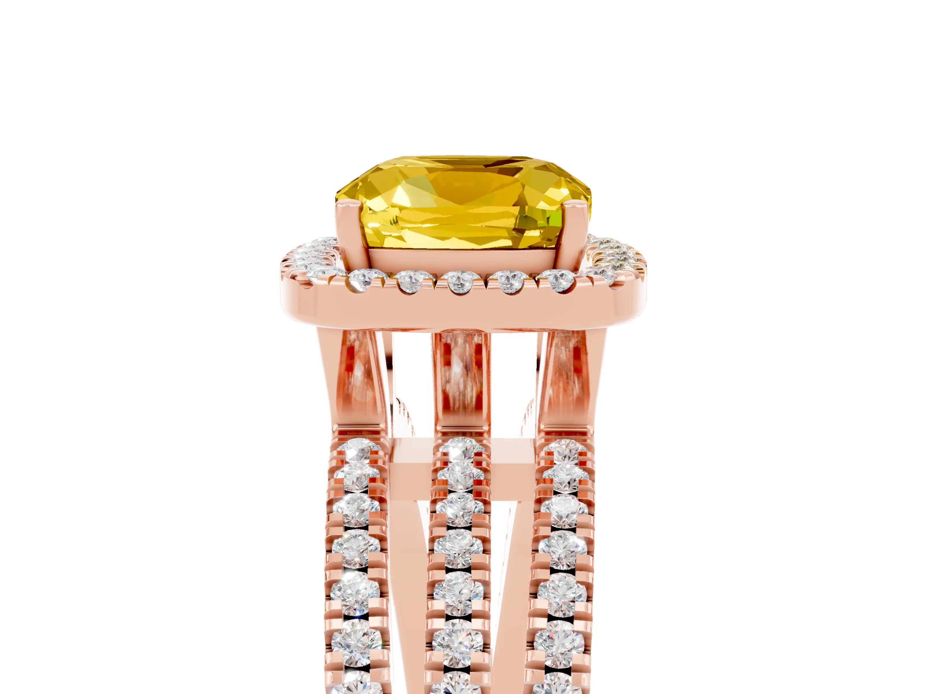 Rose gold {shape_name} Yellow Sapphire Halo Engagement Ring with Split Shank and Four-Prong Setting_5