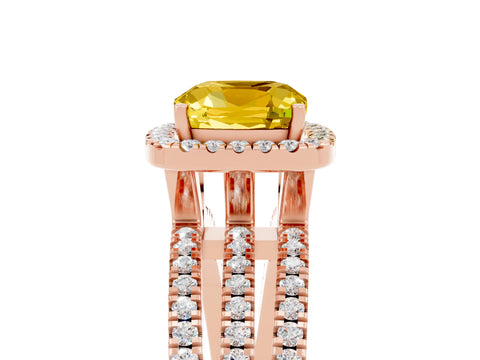 Rose gold {shape_name} Yellow Sapphire Halo Engagement Ring with Split Shank and Four-Prong Setting_5