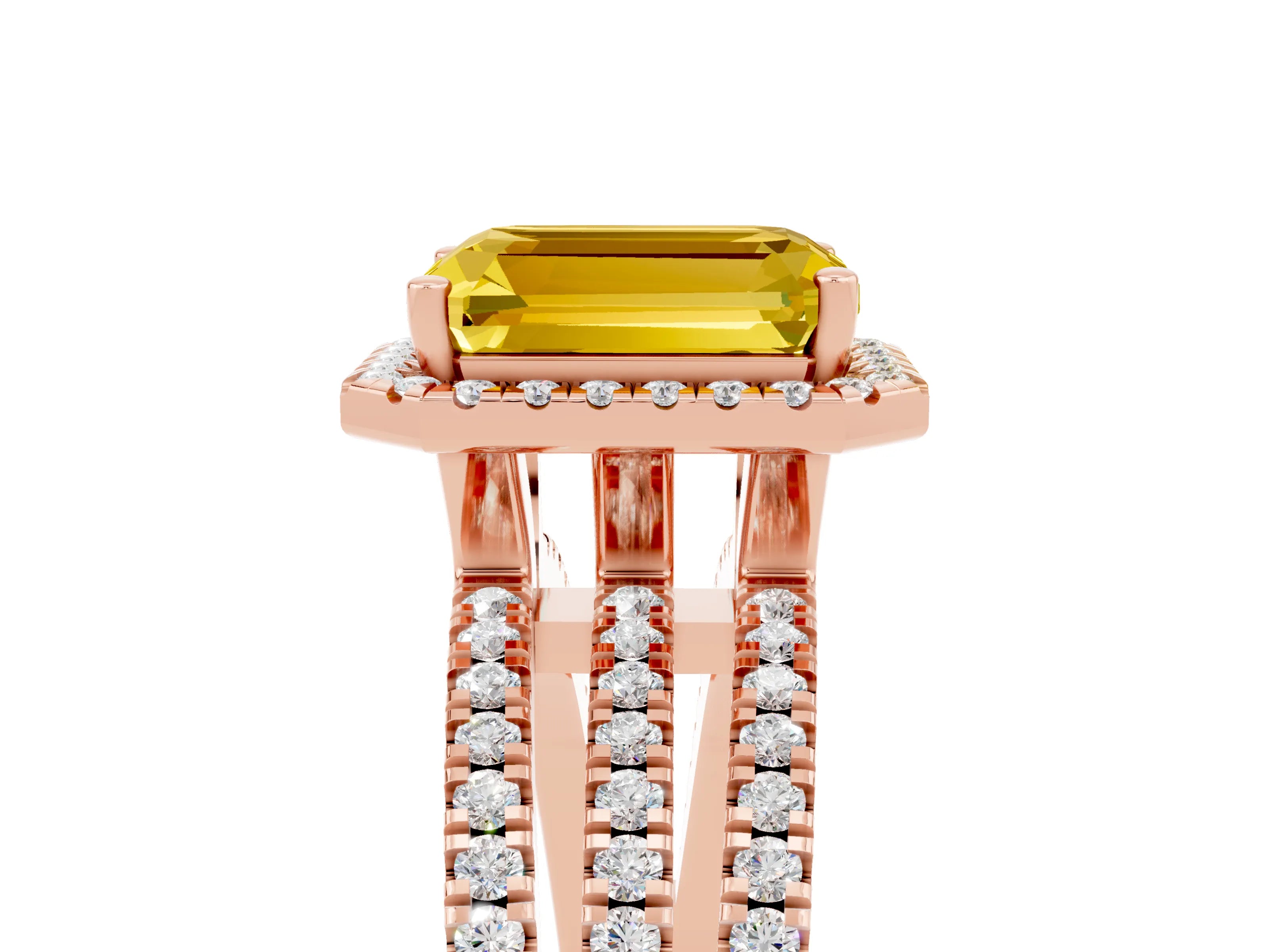 Rose gold {shape_name} Yellow Sapphire Halo Engagement Ring with Split Shank and Four-Prong Setting_5