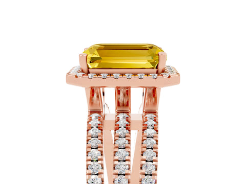 Rose gold {shape_name} Yellow Sapphire Halo Engagement Ring with Split Shank and Four-Prong Setting_5