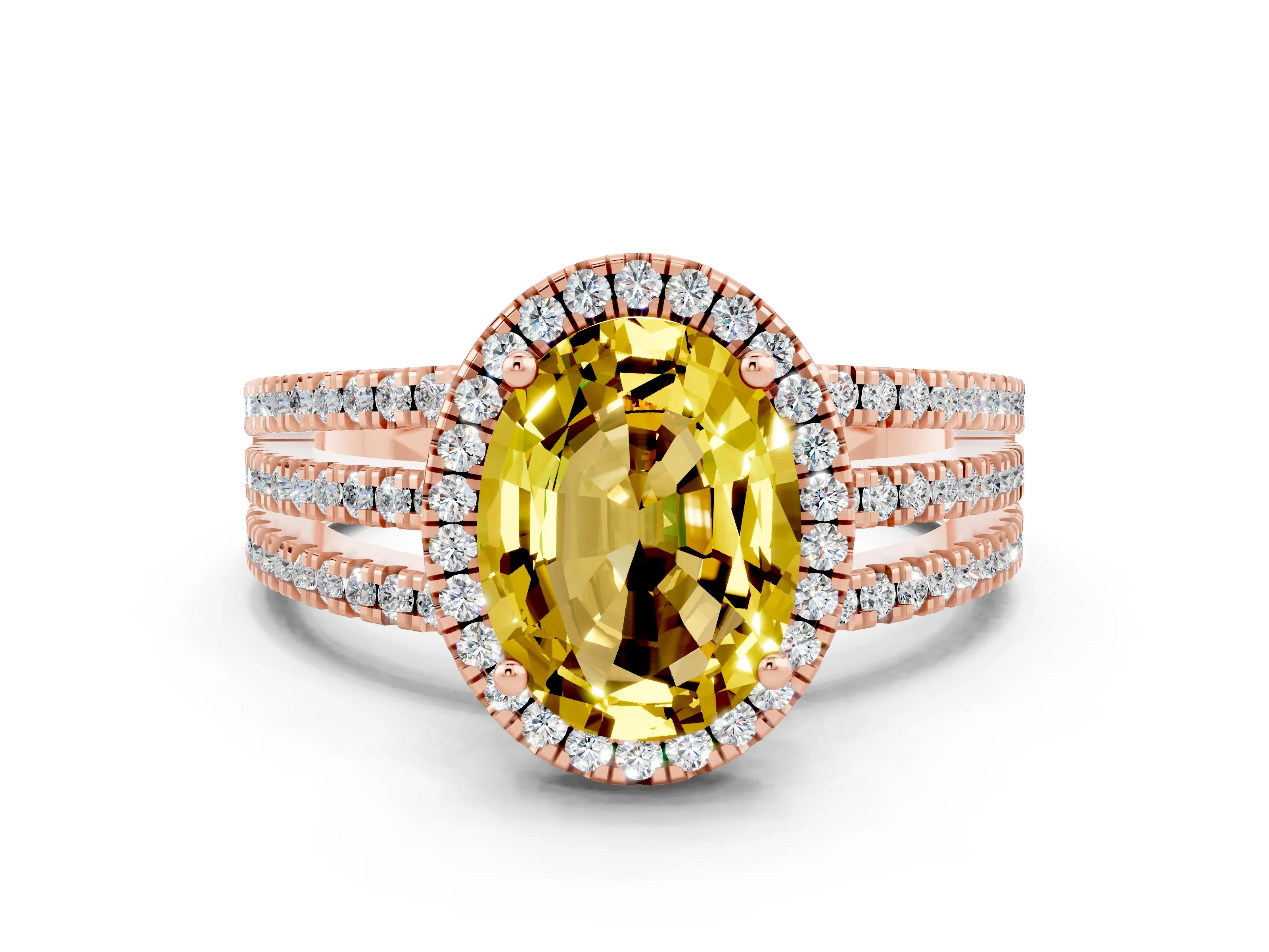 Rose gold {shape_name} Yellow Sapphire Halo Engagement Ring with Split Shank and Four-Prong Setting