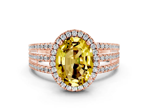Rose gold {shape_name} Yellow Sapphire Halo Engagement Ring with Split Shank and Four-Prong Setting