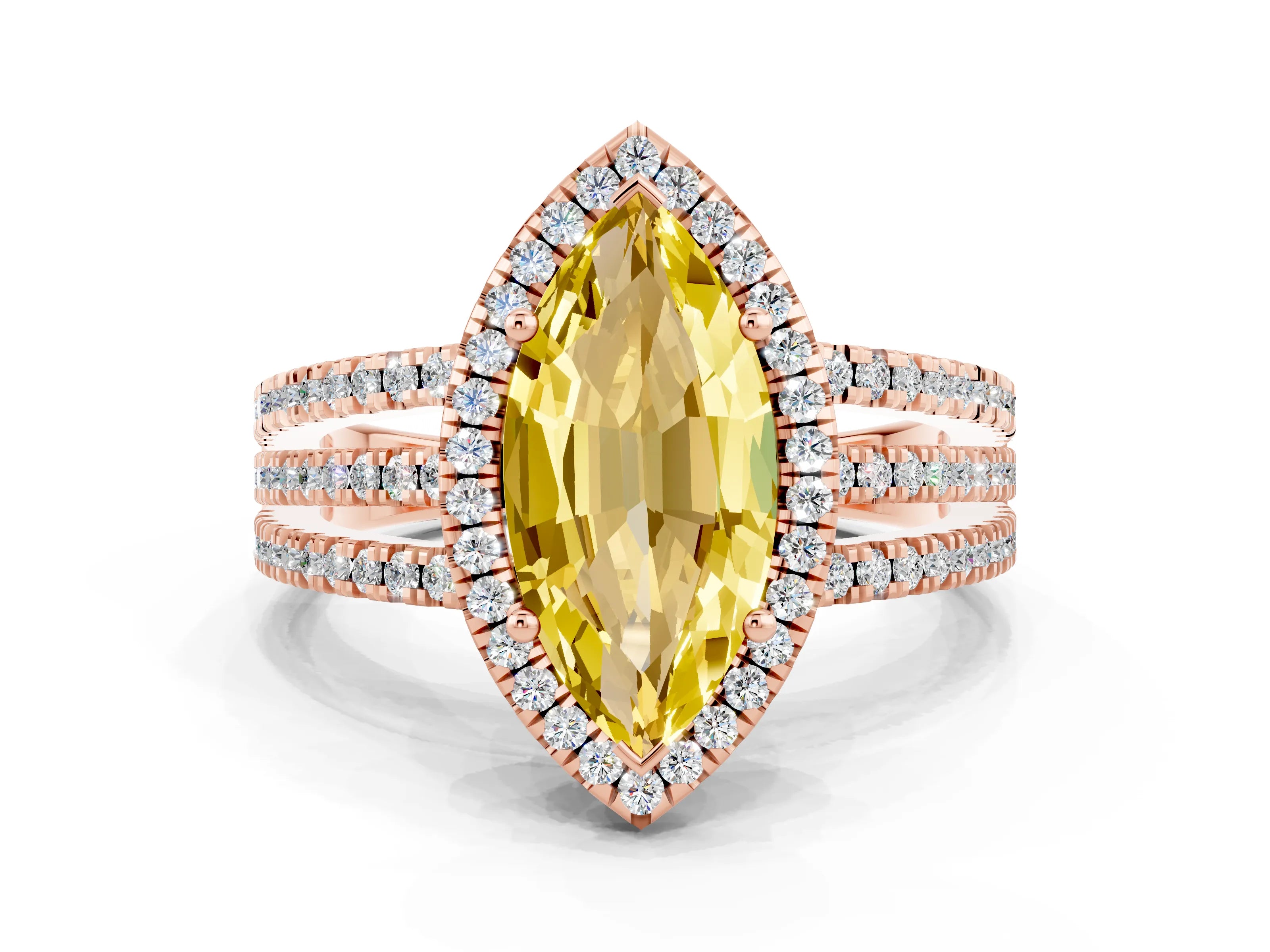 Rose gold {shape_name} Yellow Sapphire Halo Engagement Ring with Split Shank and Four-Prong Setting