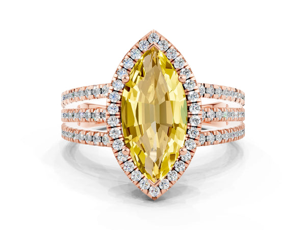 Rose gold Marquise Cut Yellow Sapphire Halo Engagement Ring with Split Shank and Four-Prong Setting