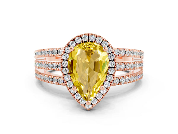 Rose gold Pear Cut Yellow Sapphire Halo Engagement Ring with Split Shank and Four-Prong Setting