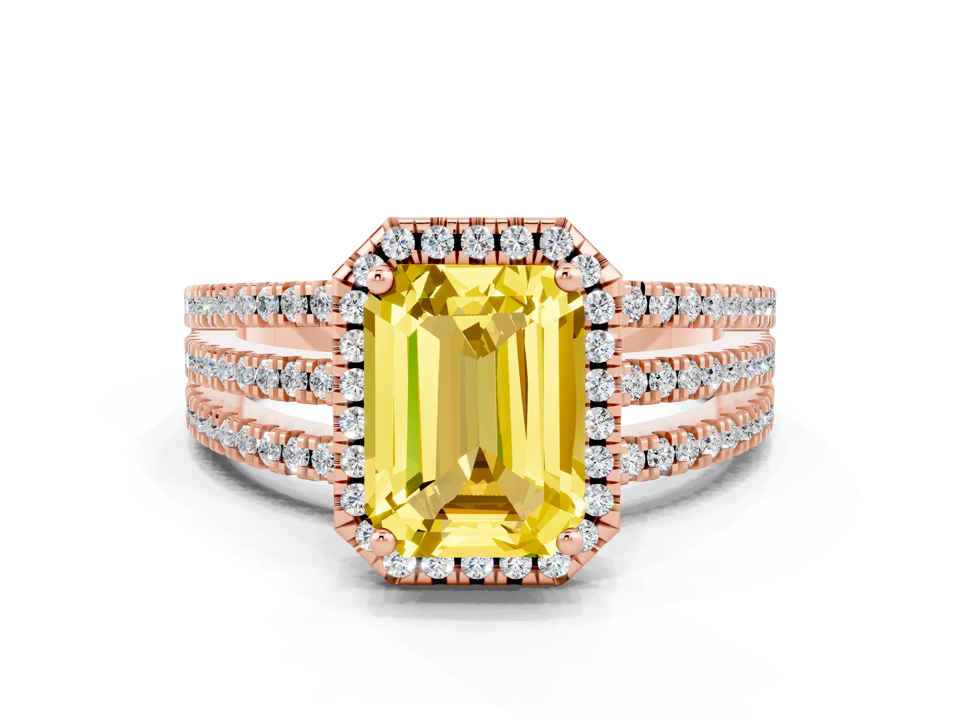 Rose gold {shape_name} Yellow Sapphire Halo Engagement Ring with Split Shank and Four-Prong Setting