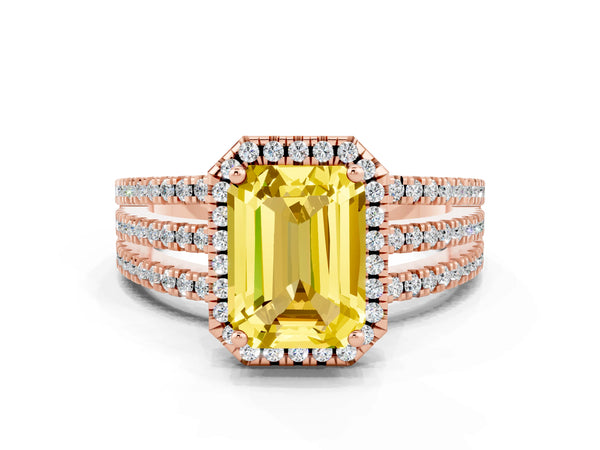 Rose gold Emerald Cut Yellow Sapphire Halo Engagement Ring with Split Shank and Four-Prong Setting