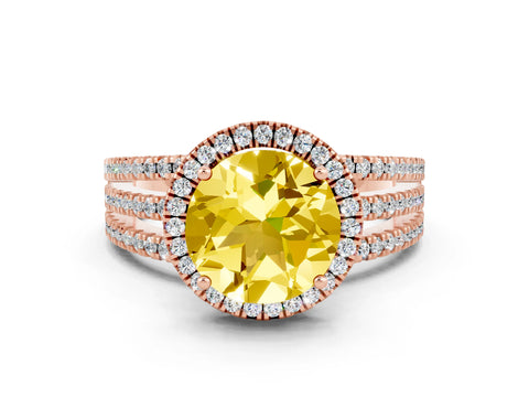 Rose gold {shape_name} Yellow Sapphire Halo Engagement Ring with Split Shank and Four-Prong Setting