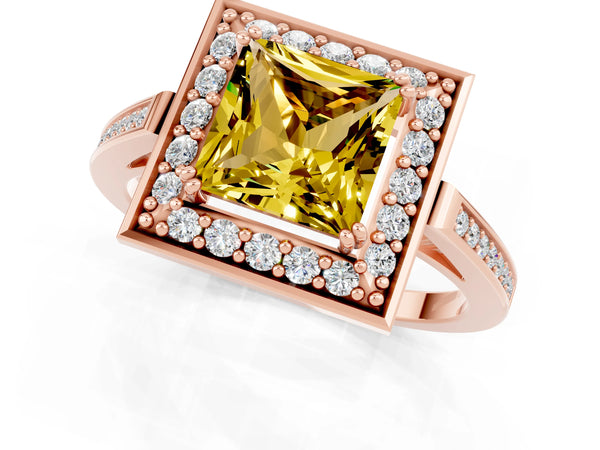 Rose gold Princess Cut Yellow Sapphire Halo Ring with Split Shank and Four-Prong Setting