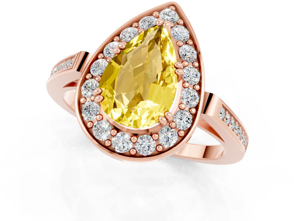Rose gold Pear Cut Yellow Sapphire Halo Ring with Split Shank and Four-Prong Setting