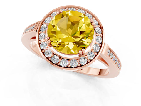 Rose gold {shape_name} Yellow Sapphire Halo Ring with Split Shank and Four-Prong Setting_1