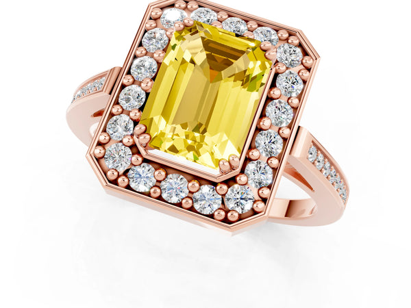 Rose gold Emerald Cut Yellow Sapphire Halo Ring with Split Shank and Four-Prong Setting