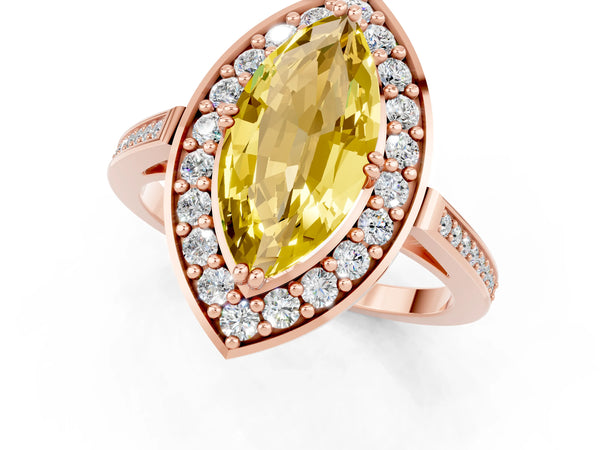 Rose gold Marquise Cut Yellow Sapphire Halo Ring with Split Shank and Four-Prong Setting
