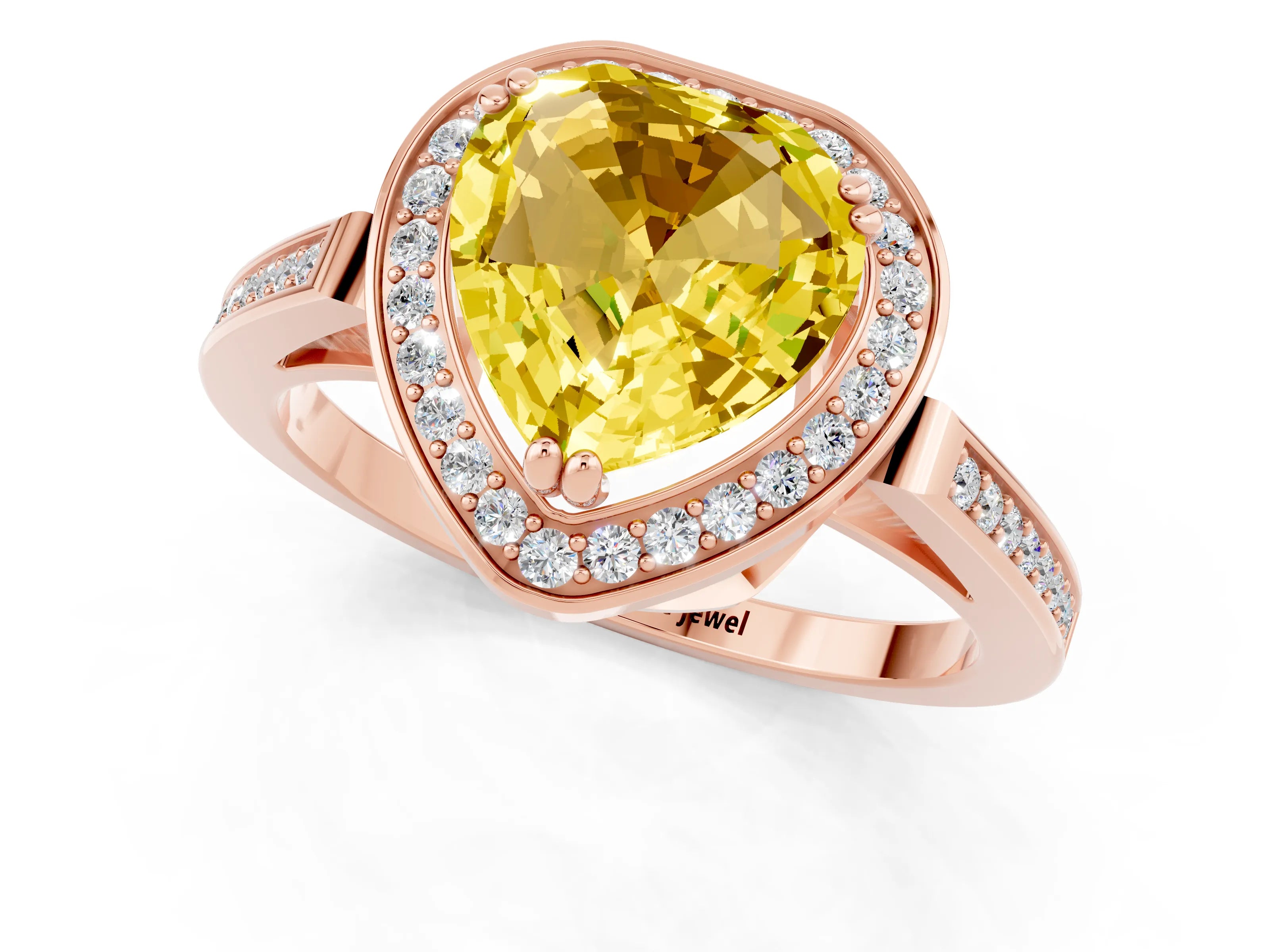 Rose gold {shape_name} Yellow Sapphire Halo Ring with Split Shank and Four-Prong Setting_1