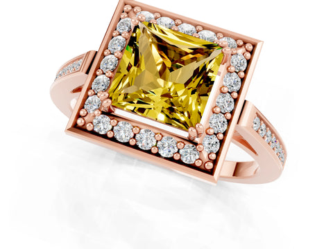 Rose gold {shape_name} Yellow Sapphire Halo Ring with Split Shank and Four-Prong Setting_1