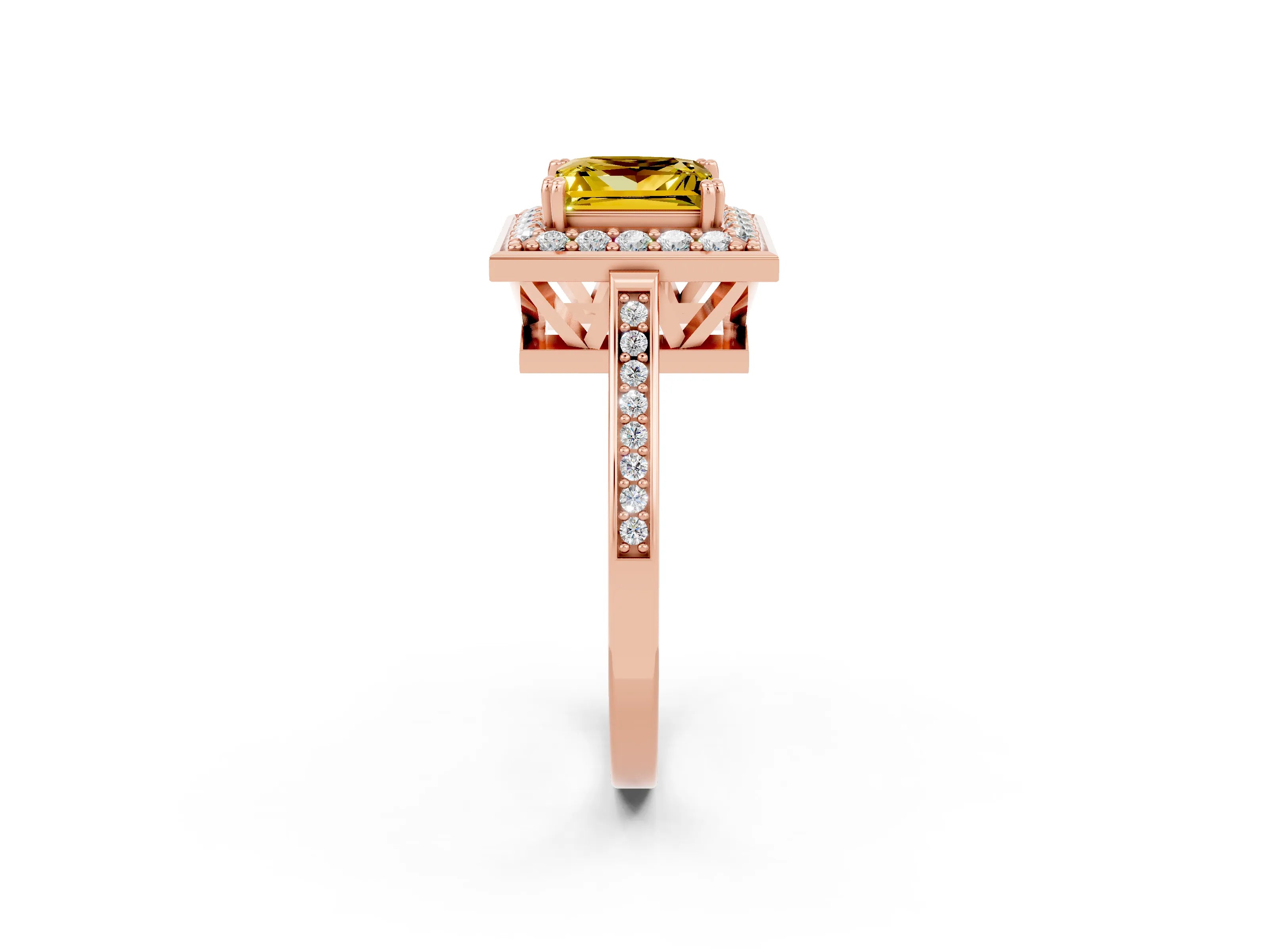 Rose gold {shape_name} Yellow Sapphire Halo Ring with Split Shank and Four-Prong Setting_2