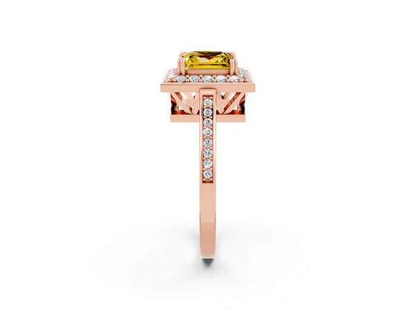Rose gold Princess Cut Yellow Sapphire Halo Ring with Split Shank and Four-Prong Setting