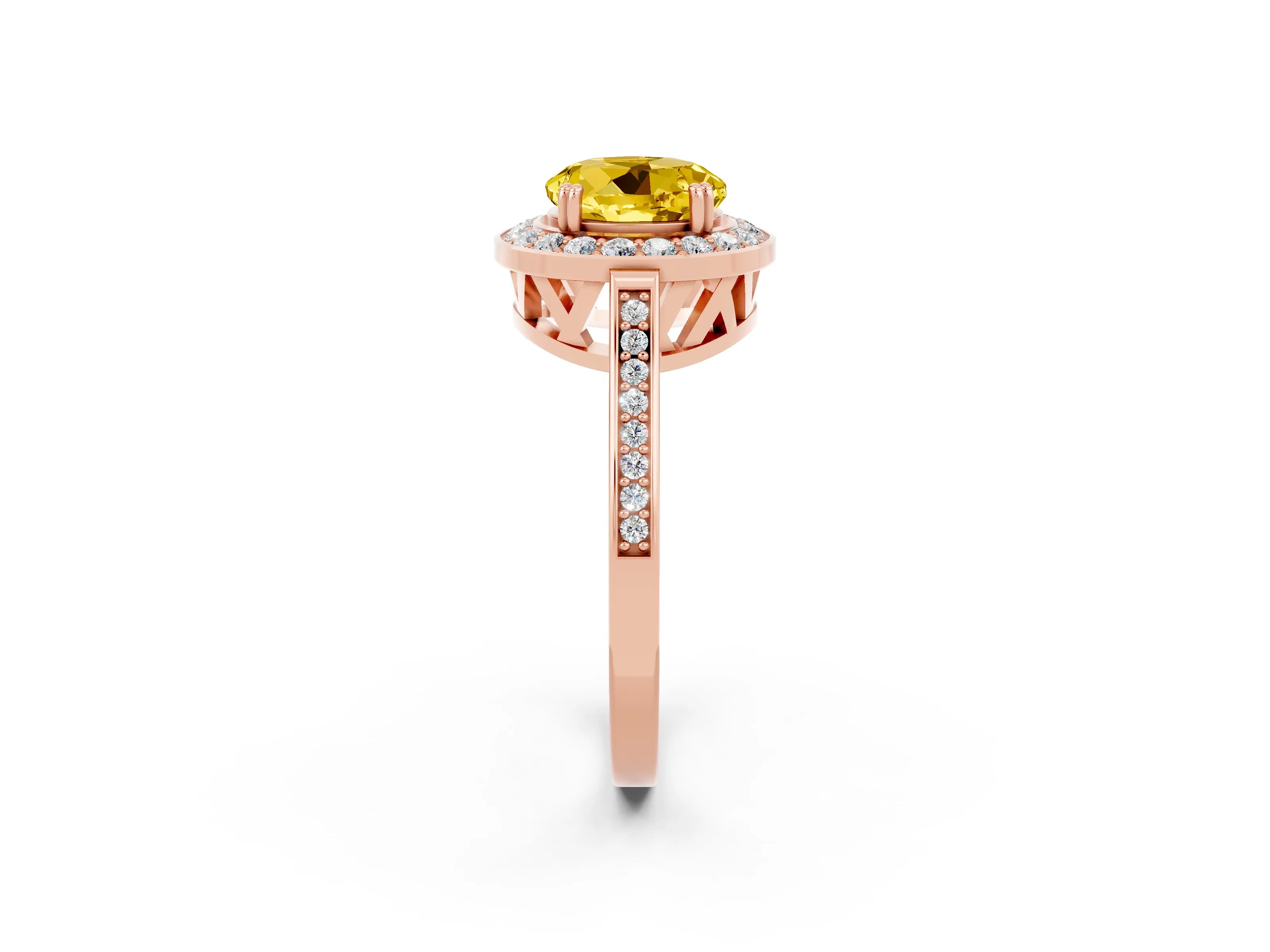 Rose gold {shape_name} Yellow Sapphire Halo Ring with Split Shank and Four-Prong Setting_2