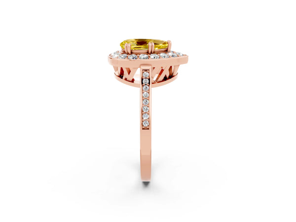 Rose gold Pear Cut Yellow Sapphire Halo Ring with Split Shank and Four-Prong Setting