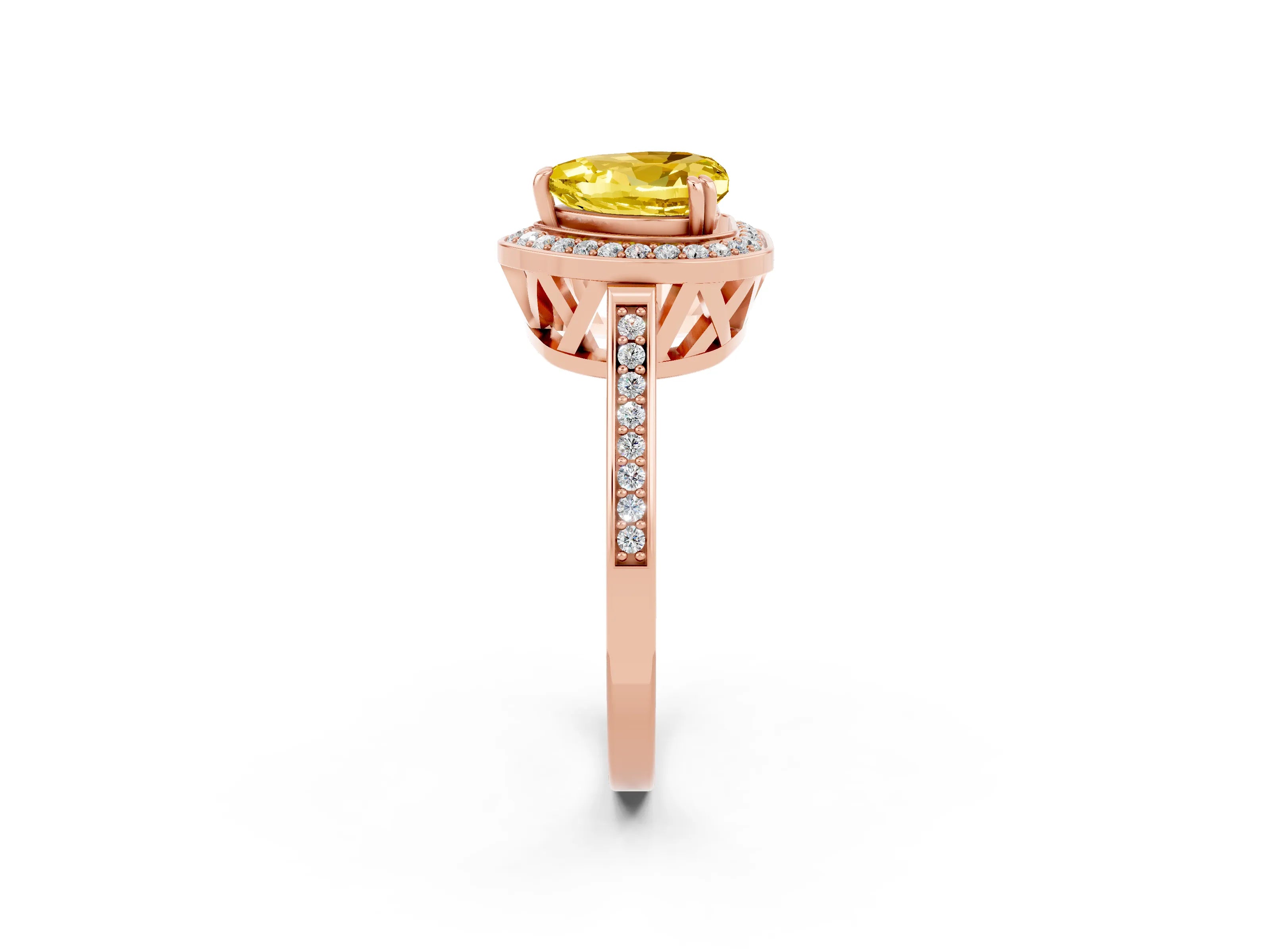 Rose gold {shape_name} Yellow Sapphire Halo Ring with Split Shank and Four-Prong Setting_2
