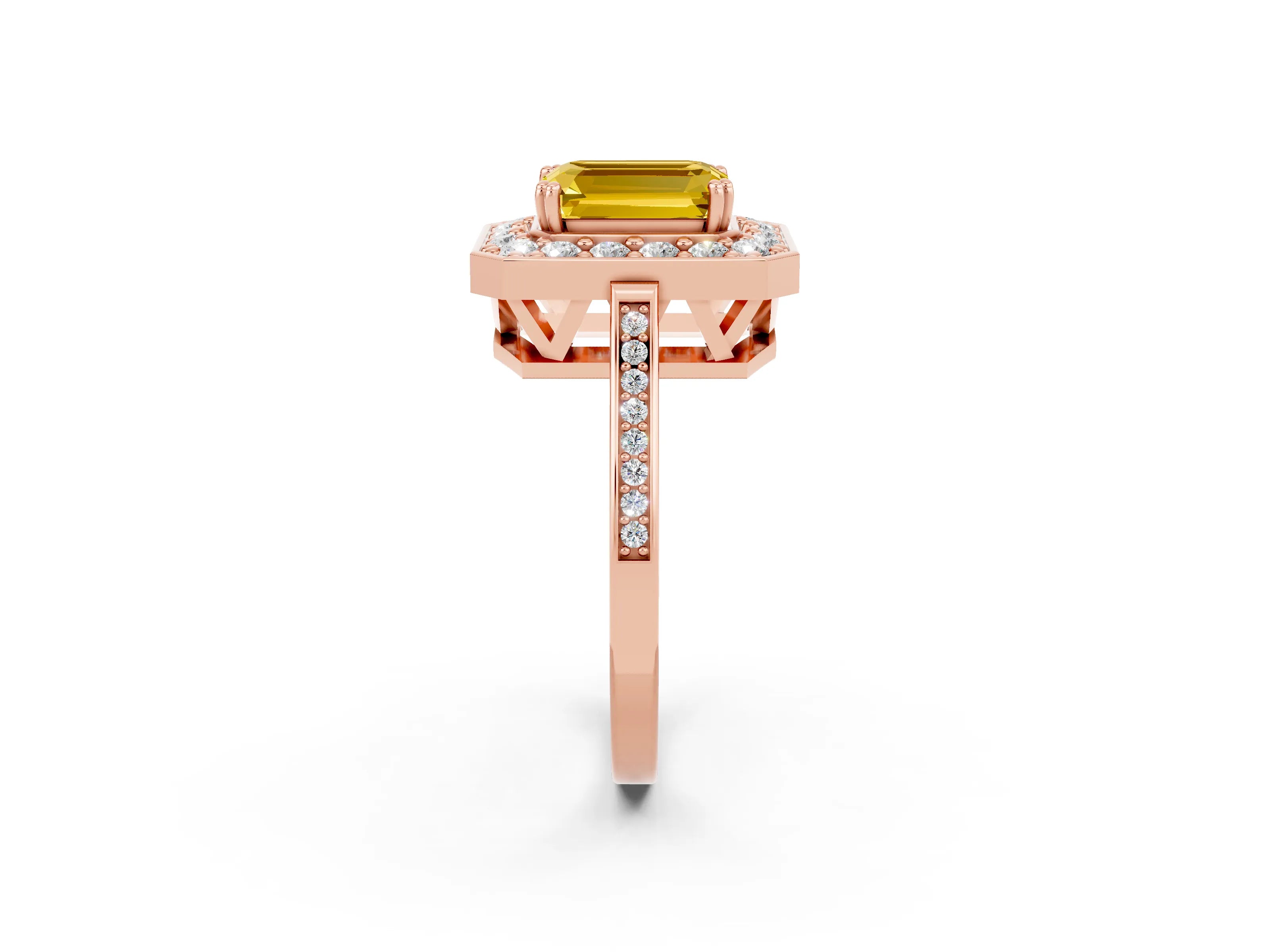 Rose gold {shape_name} Yellow Sapphire Halo Ring with Split Shank and Four-Prong Setting_2