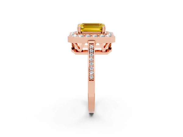Rose gold Emerald Cut Yellow Sapphire Halo Ring with Split Shank and Four-Prong Setting