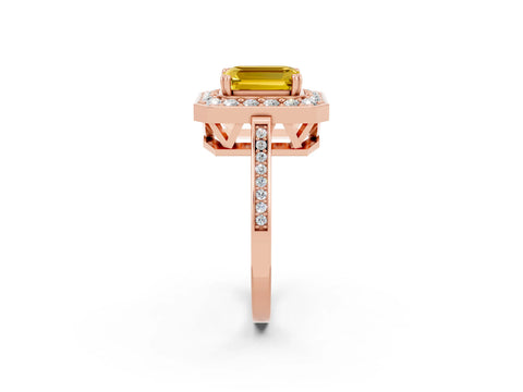 Rose gold {shape_name} Yellow Sapphire Halo Ring with Split Shank and Four-Prong Setting_2
