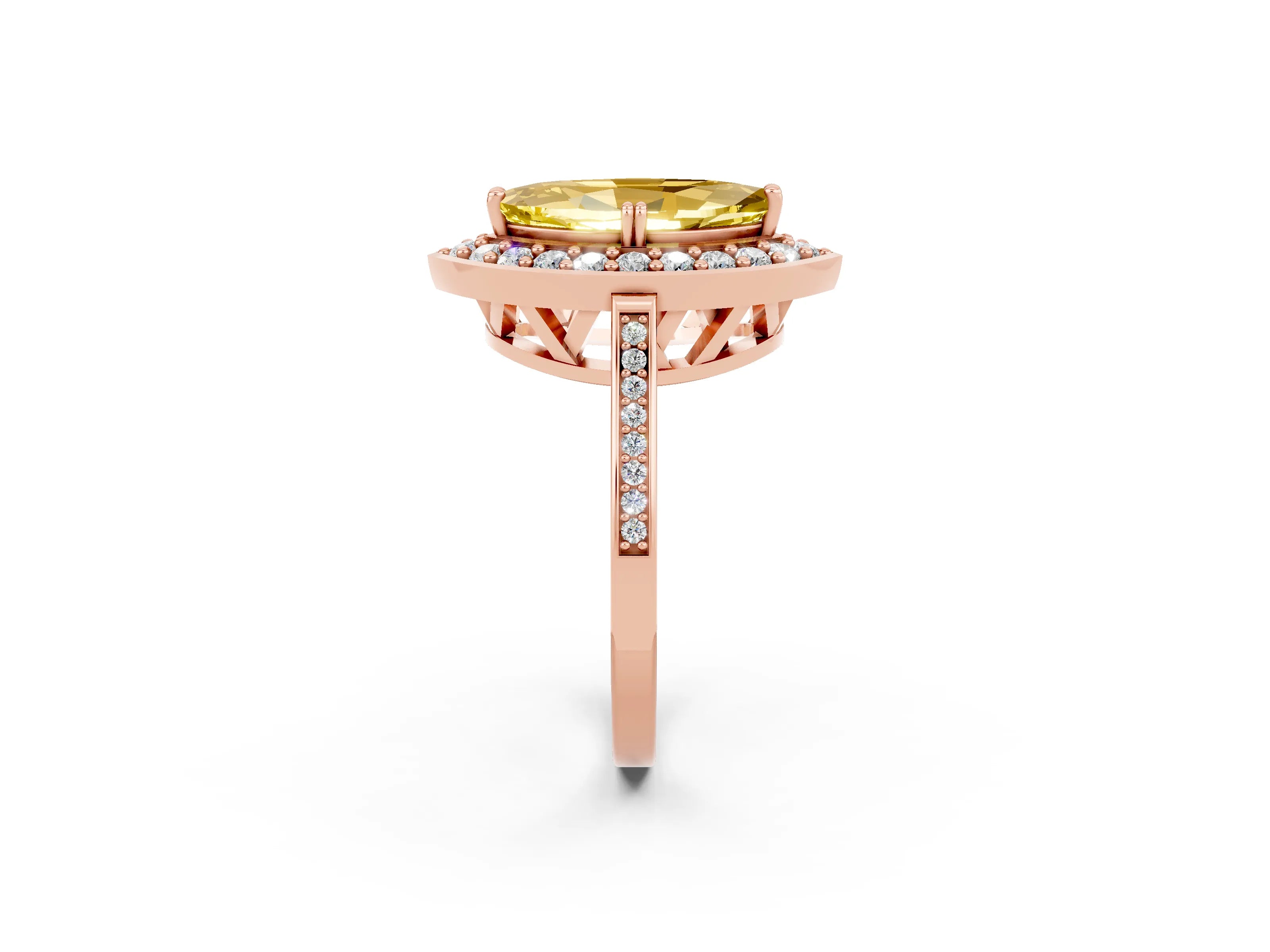Rose gold {shape_name} Yellow Sapphire Halo Ring with Split Shank and Four-Prong Setting_2
