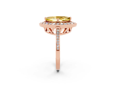 Rose gold {shape_name} Yellow Sapphire Halo Ring with Split Shank and Four-Prong Setting_2