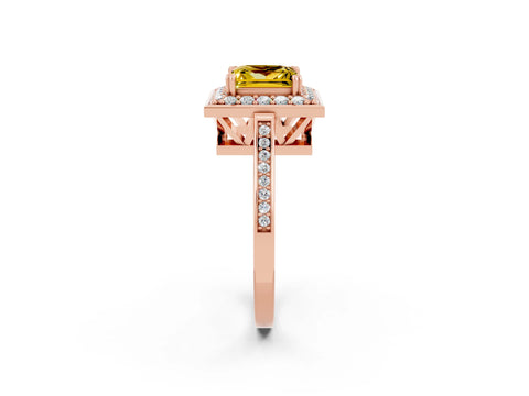 Rose gold {shape_name} Yellow Sapphire Halo Ring with Split Shank and Four-Prong Setting_2