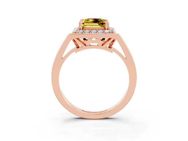 Rose gold Princess Cut Yellow Sapphire Halo Ring with Split Shank and Four-Prong Setting