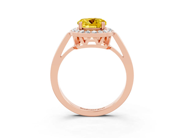 Rose gold Round Cut Yellow Sapphire Halo Ring with Split Shank and Four-Prong Setting