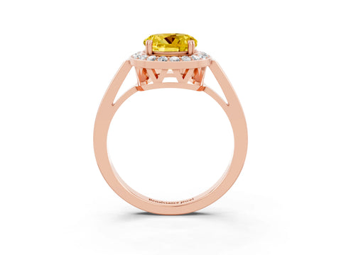 Rose gold {shape_name} Yellow Sapphire Halo Ring with Split Shank and Four-Prong Setting_3