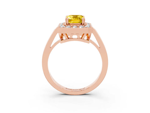 Rose gold {shape_name} Yellow Sapphire Halo Ring with Split Shank and Four-Prong Setting_3