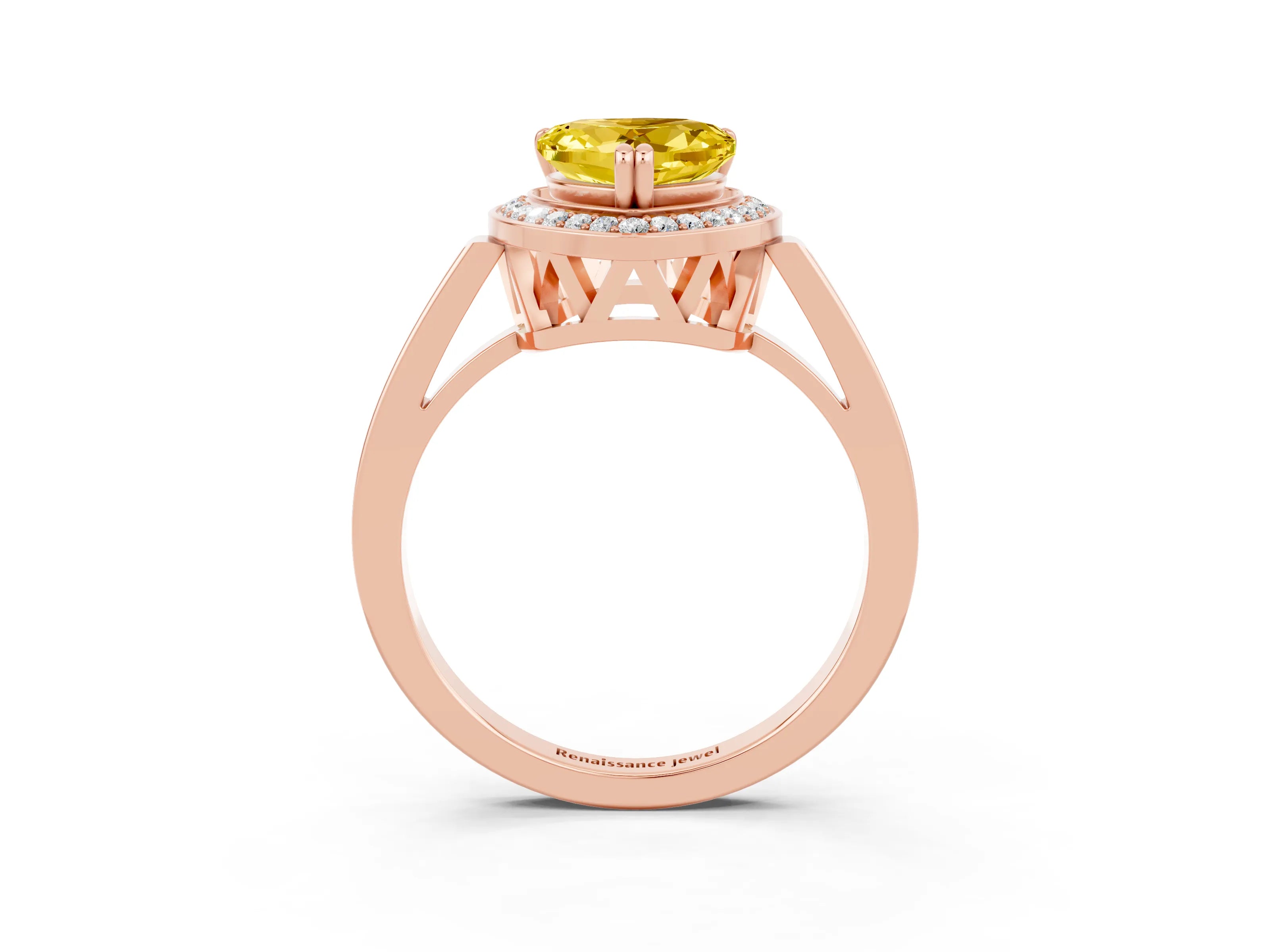 Rose gold {shape_name} Yellow Sapphire Halo Ring with Split Shank and Four-Prong Setting_3