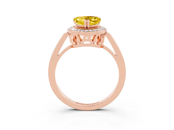 Rose gold Heart Cut Yellow Sapphire Halo Ring with Split Shank and Four-Prong Setting