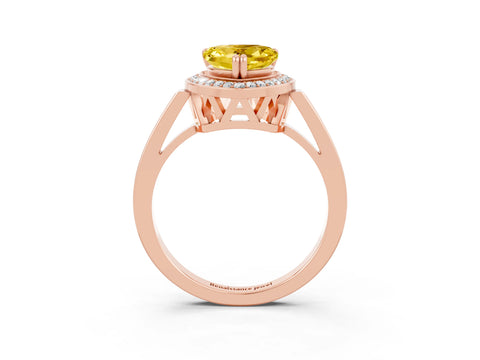 Rose gold {shape_name} Yellow Sapphire Halo Ring with Split Shank and Four-Prong Setting_3