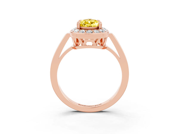 Rose gold Pear Cut Yellow Sapphire Halo Ring with Split Shank and Four-Prong Setting
