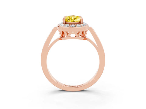Rose gold {shape_name} Yellow Sapphire Halo Ring with Split Shank and Four-Prong Setting_3
