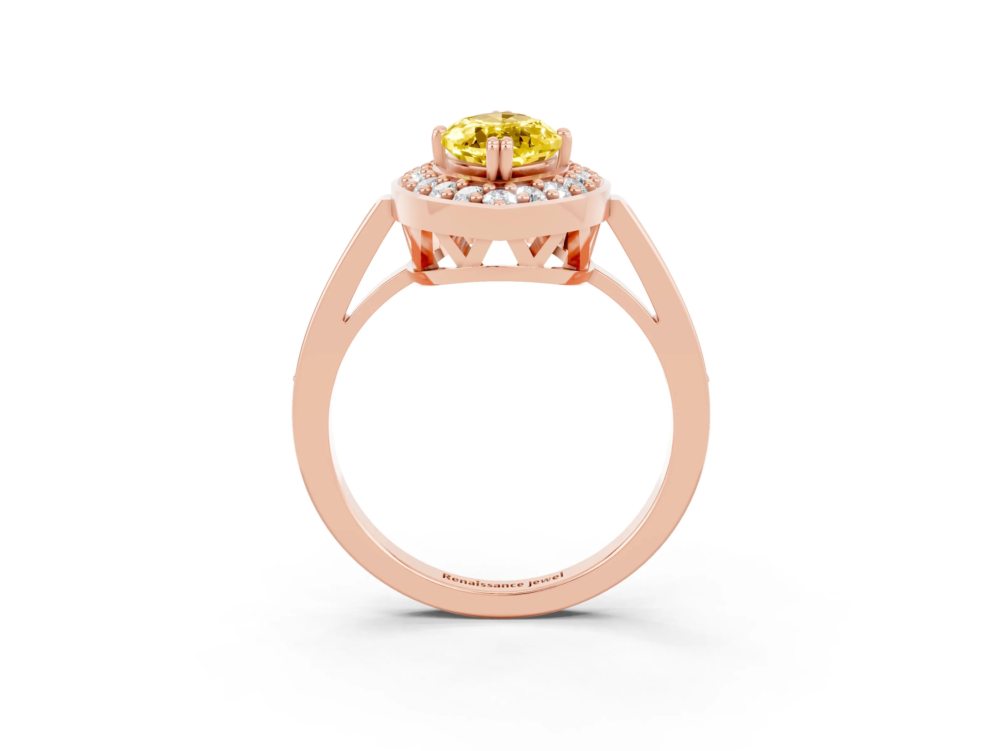 Rose gold {shape_name} Yellow Sapphire Halo Ring with Split Shank and Four-Prong Setting_3