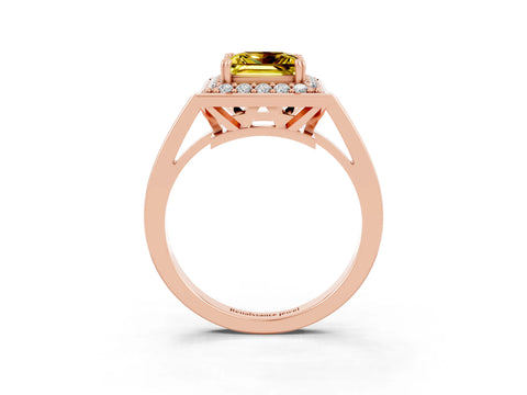 Rose gold {shape_name} Yellow Sapphire Halo Ring with Split Shank and Four-Prong Setting_3
