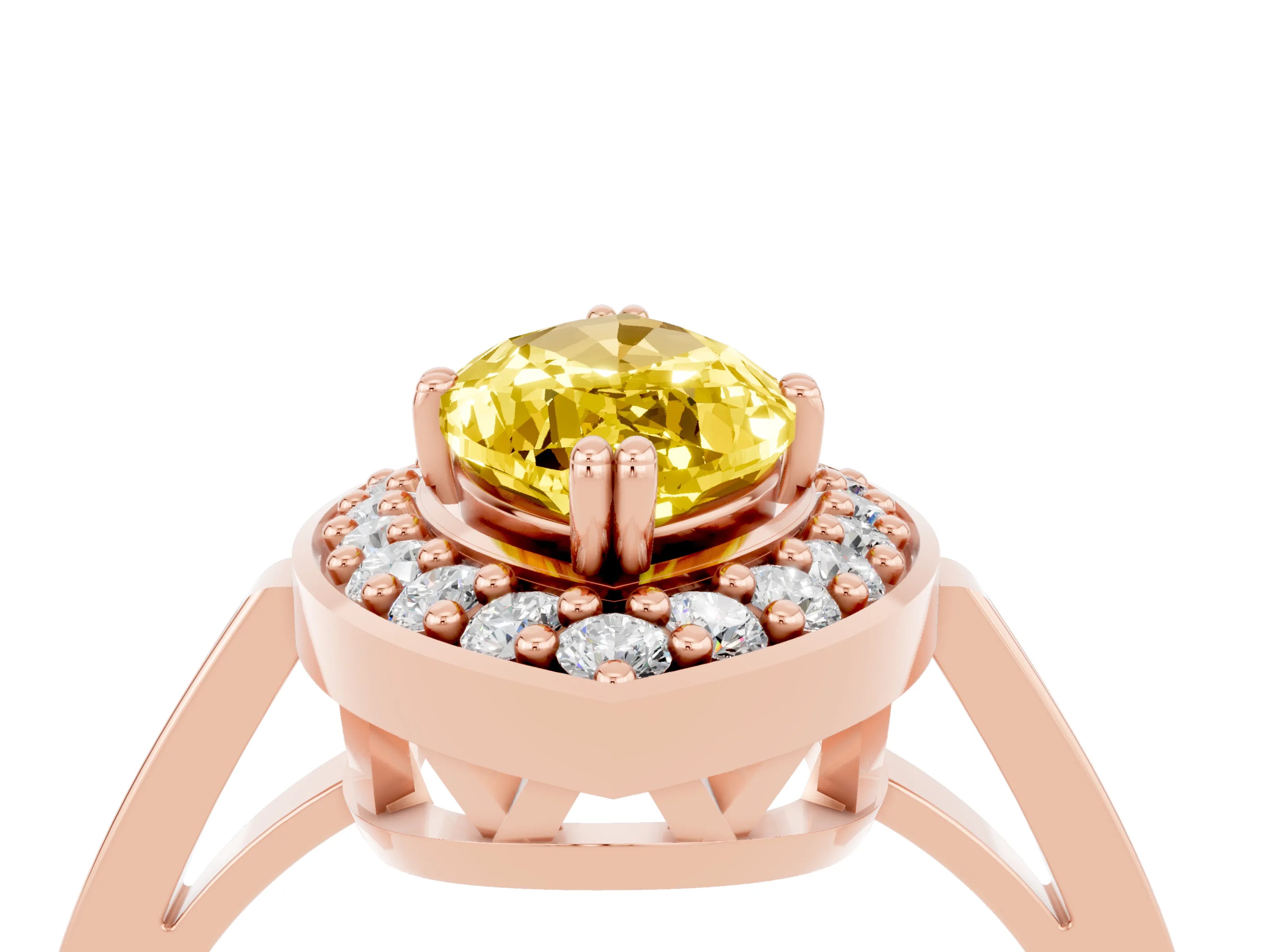 Rose gold {shape_name} Yellow Sapphire Halo Ring with Split Shank and Four-Prong Setting_4
