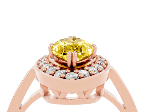 Rose gold {shape_name} Yellow Sapphire Halo Ring with Split Shank and Four-Prong Setting_4