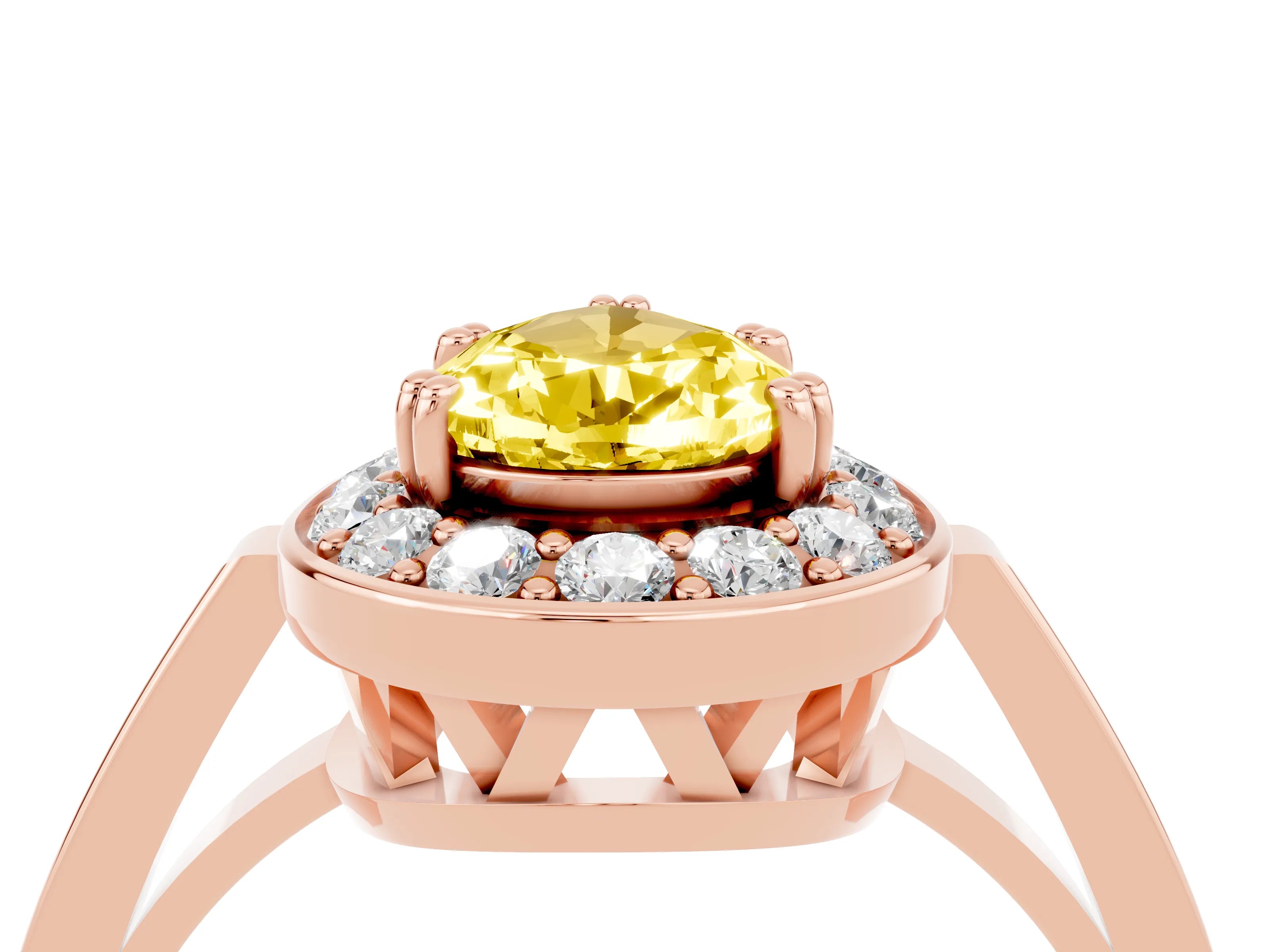 Rose gold {shape_name} Yellow Sapphire Halo Ring with Split Shank and Four-Prong Setting_4