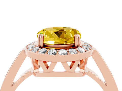 Rose gold {shape_name} Yellow Sapphire Halo Ring with Split Shank and Four-Prong Setting_4