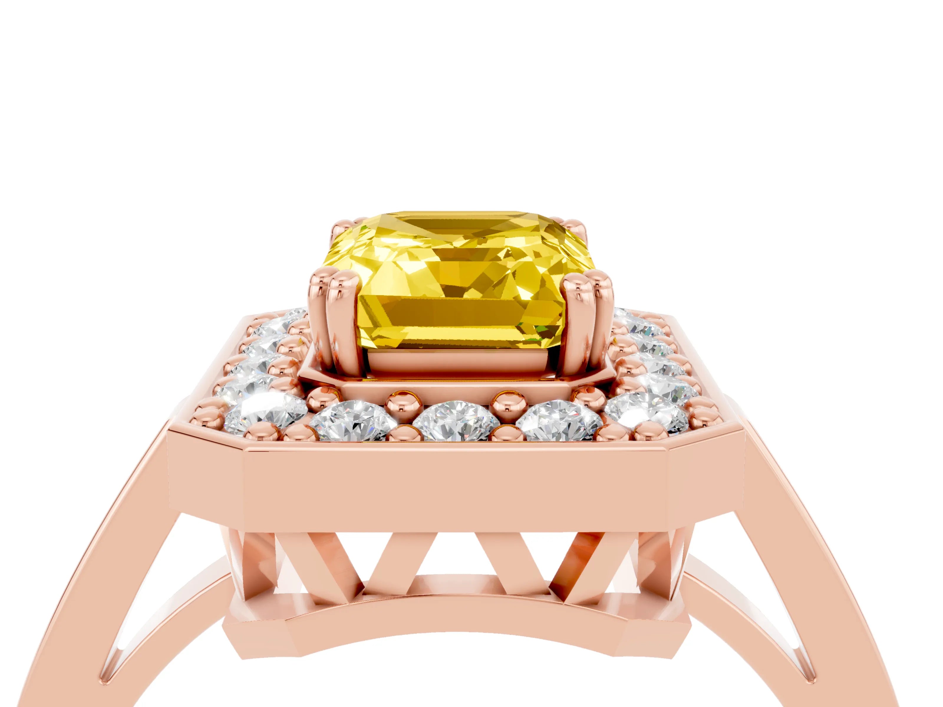 Rose gold {shape_name} Yellow Sapphire Halo Ring with Split Shank and Four-Prong Setting_4